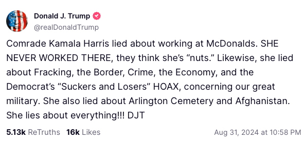 Trump has launched an attack on Harris working at McDonald’s in the 80s