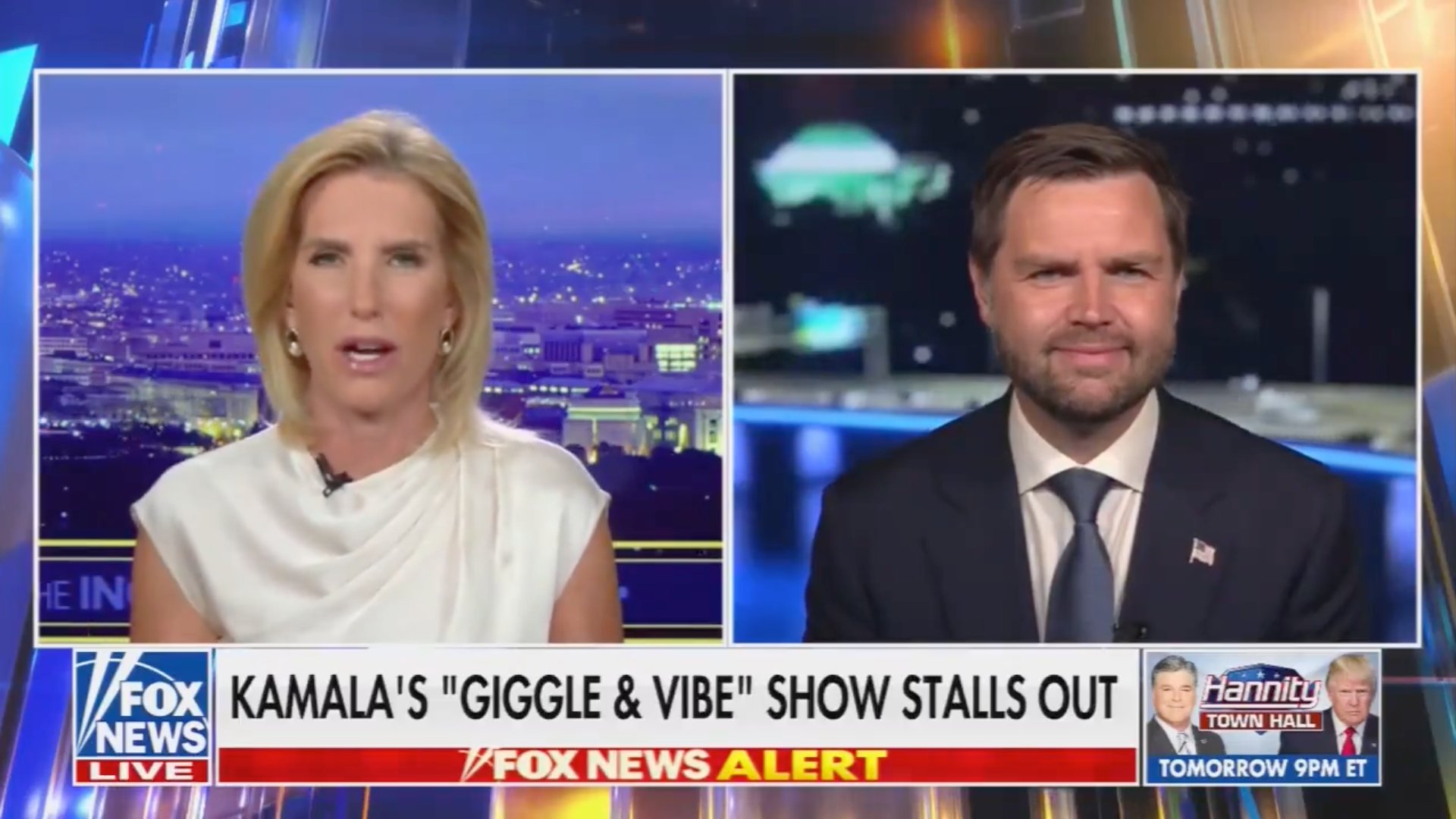 Laura Ingraham (left) told JD Vance (right) on Tuesday that he is ‘really funny,’ despite what polls suggest