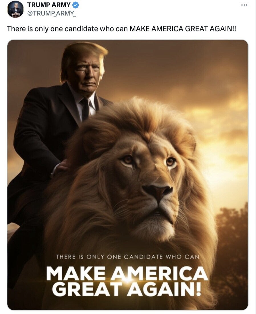 Among the brazen AI-generated images shared by Trump in recent weeks was of himself, suited and serious, astride a large male lion