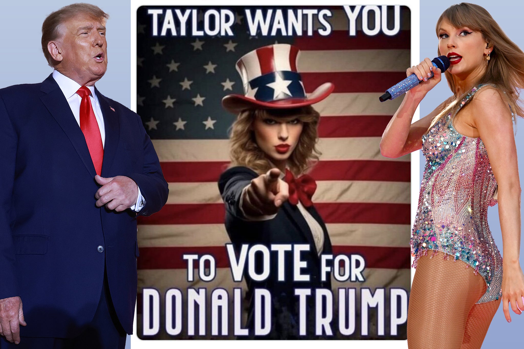 Trump reposted fan art depicting singer Taylor Swift, dressed as Uncle Sam, endorsing him for president. Swift has not yet come out in favor either candidate