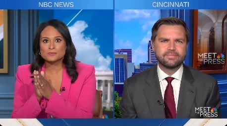 JD Vance appears on Meet the Press as he responds to a racist comment about Kamala Harris’s Indian heritage spread by Laura Loomer, an adviser to the Trump campaign