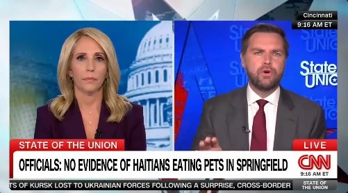 JD Vance appears on CNN’s State of the Union on September 15, 2024, to face questions about a wave of anti-migrant hate and threats of violence sparked by his and Donald Trump’s claims that Haitians are stealing and eating family pets