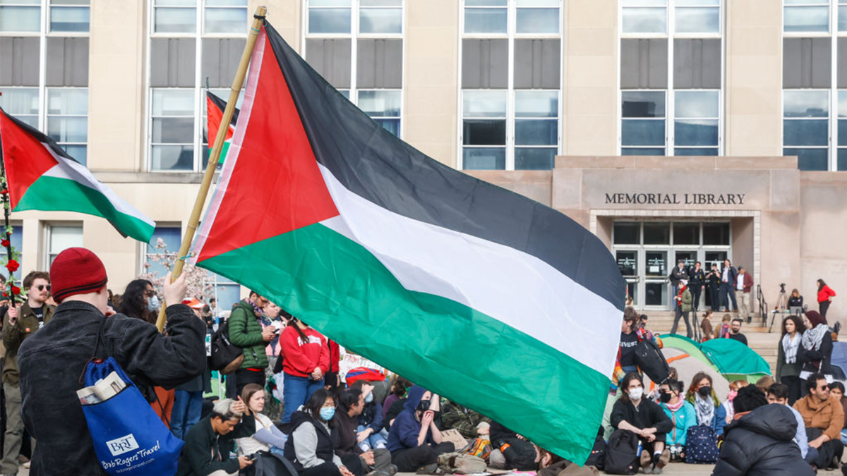 Protesters carrying Palestinian flags