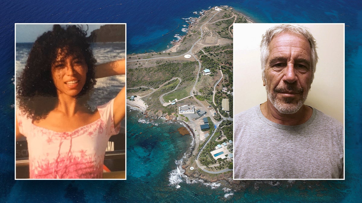 A split illustration photo of Lisa Phillips, Jeffrey Epstein and Little Saint James Island