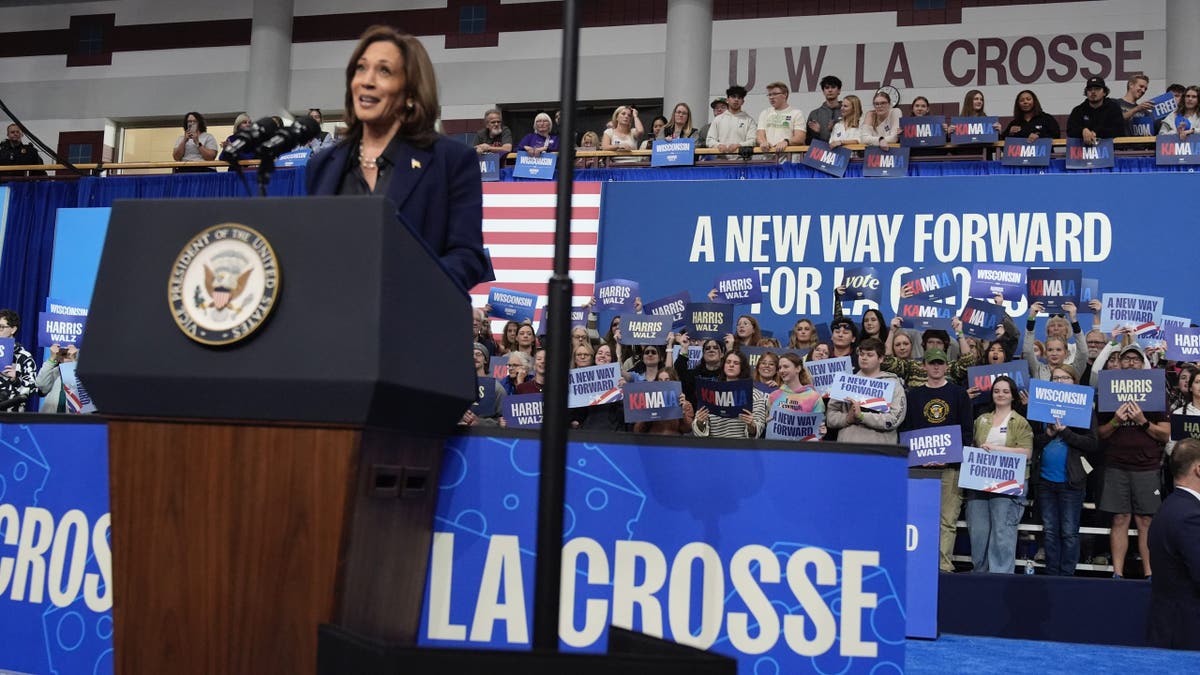 Democratic presidential nominee Vice President Kamala Harris speaks during a campaign rally at the University of Wisconsin La Crosse, in La Crosse, Wis., Thursday, Oct. 17, 2024. (AP Photo/Jacquelyn Martin)