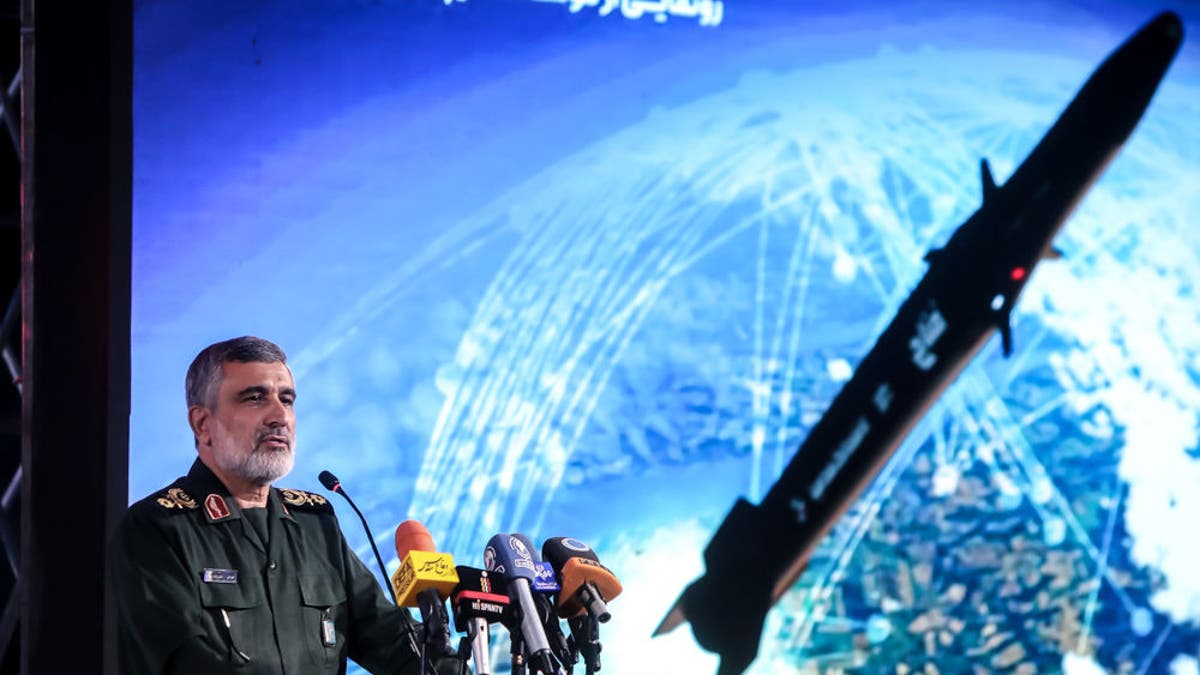 Commander of Aerospace Force of the Islamic Revolutionary Guard Corps Amir Ali Hajizadeh gives a speech as Iran presents its first hypersonic ballistic missile, Fattah, at an event in Tehran, on June 6, 2023.