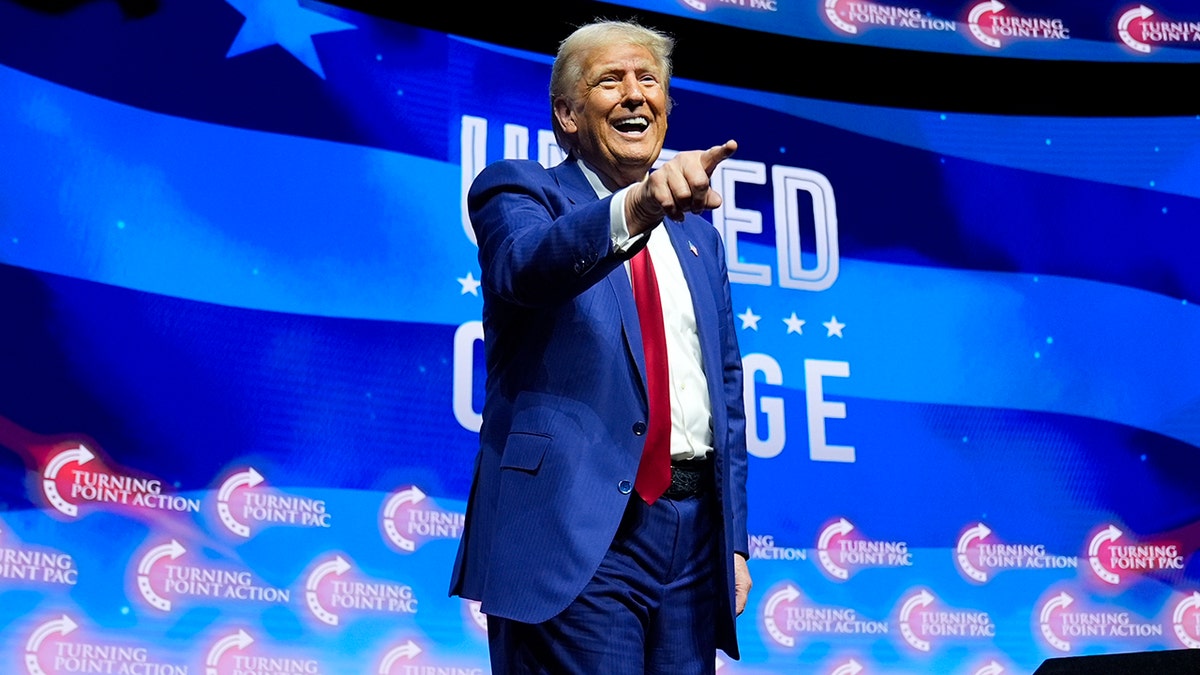 Republican presidential nominee former President Donald Trump laughs after speaking during a campaign rally on Thursday, Oct. 24, 2024 in Las Vegas.