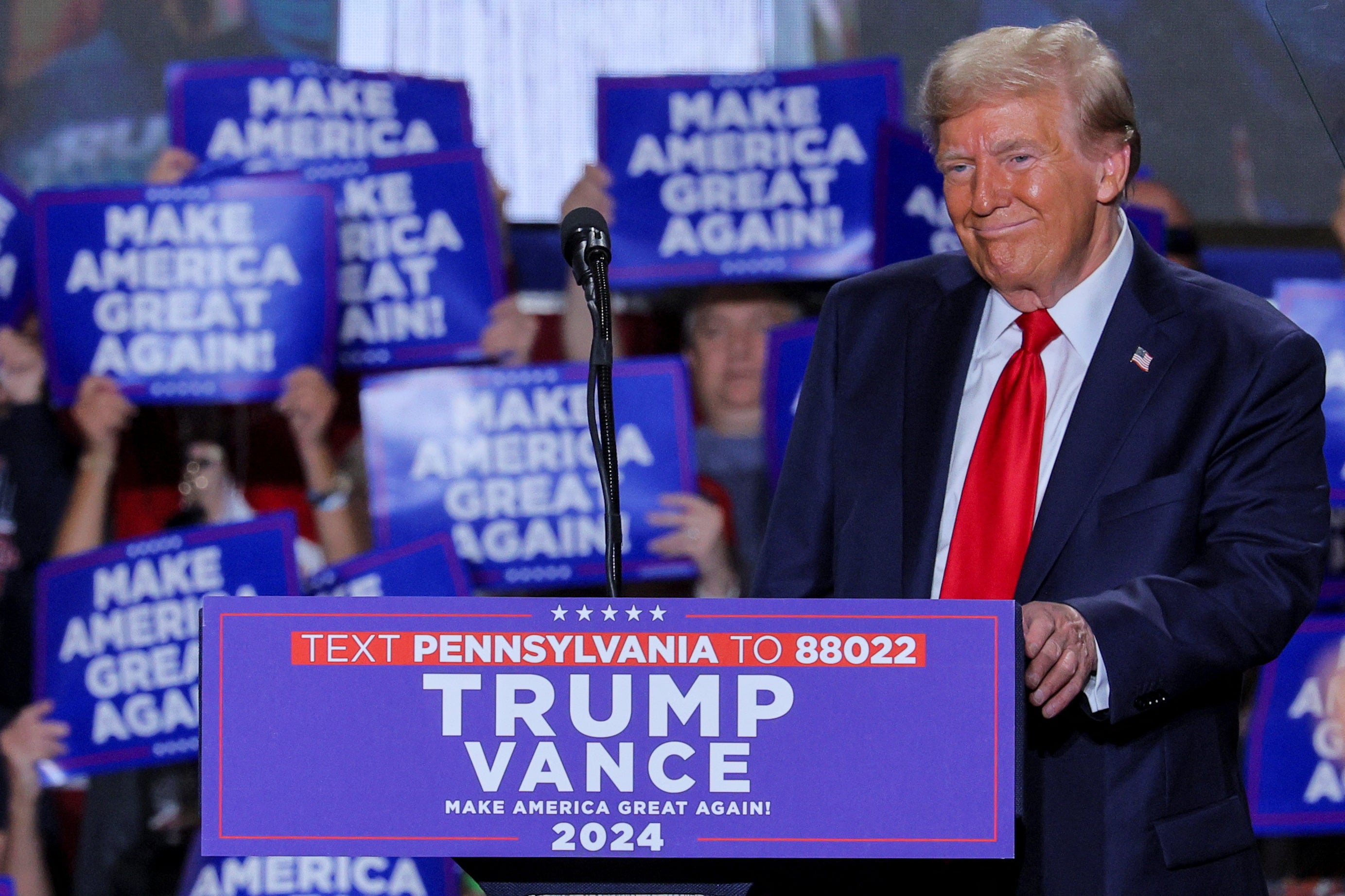 Republican presidential nominee former U.S. President Donald Trump attends a campaign rally in Erie, Pennsylvania, U.S., September 29, 2024.