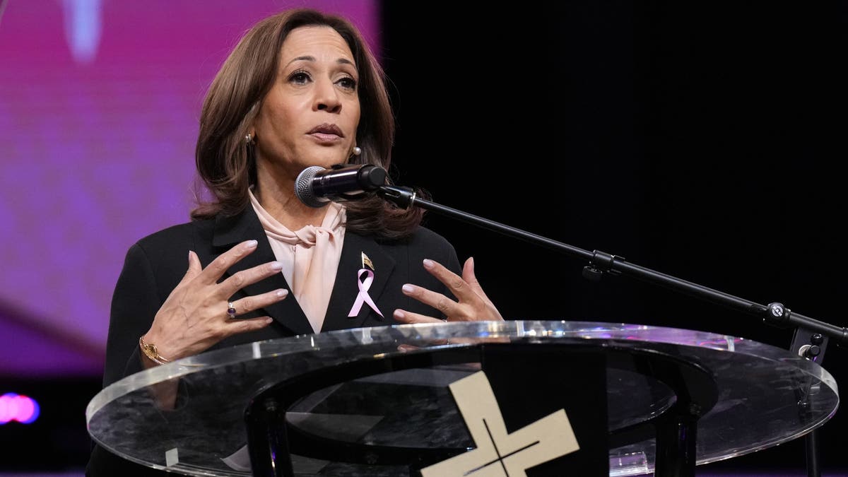 Democratic presidential nominee Vice President Kamala Harris speaks at a church service at New Birth Baptist Church in Stonecrest, Ga., Sunday, Oct. 20, 2024. (AP Photo/Jacquelyn Martin)