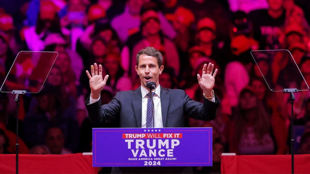 Comedian Tony Hinchcliffe speaks during a rally for Trump