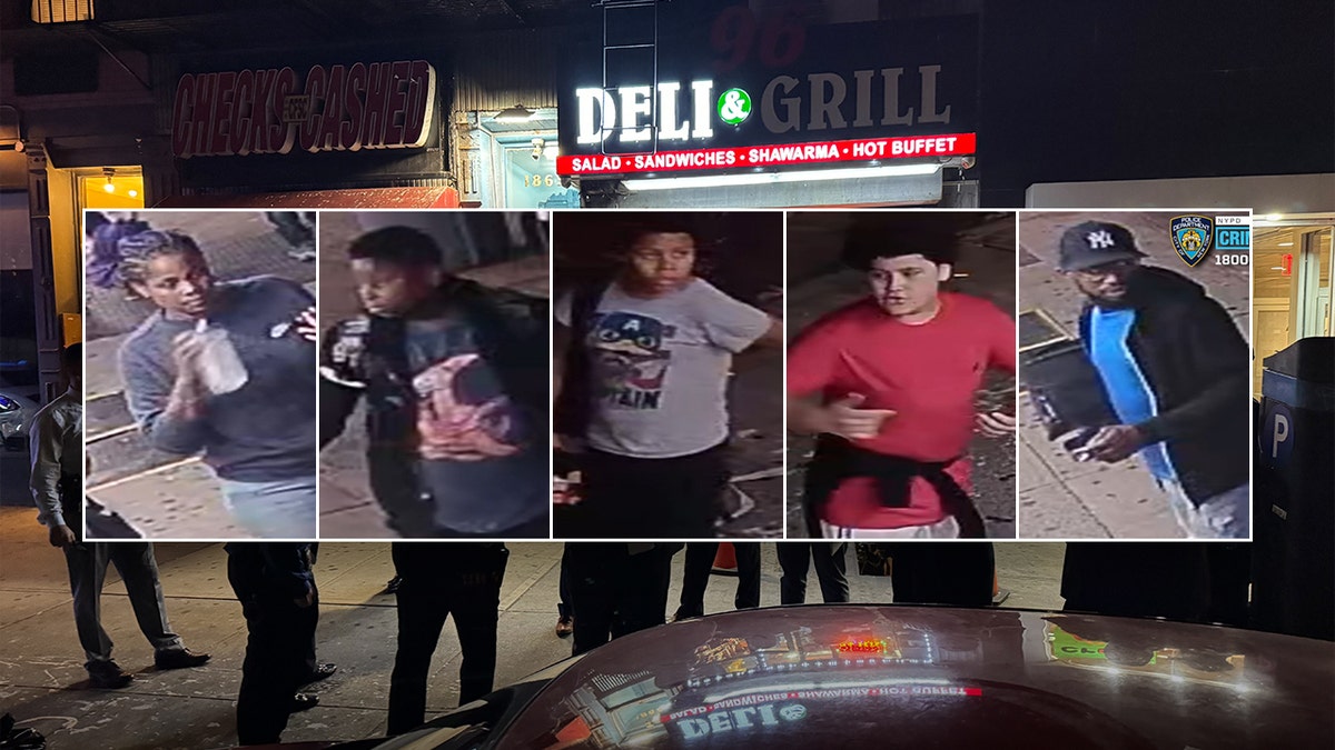 A split image shows five suspects in an attack on former Gov. David Paterson inset over a picture of the scene of the crime.