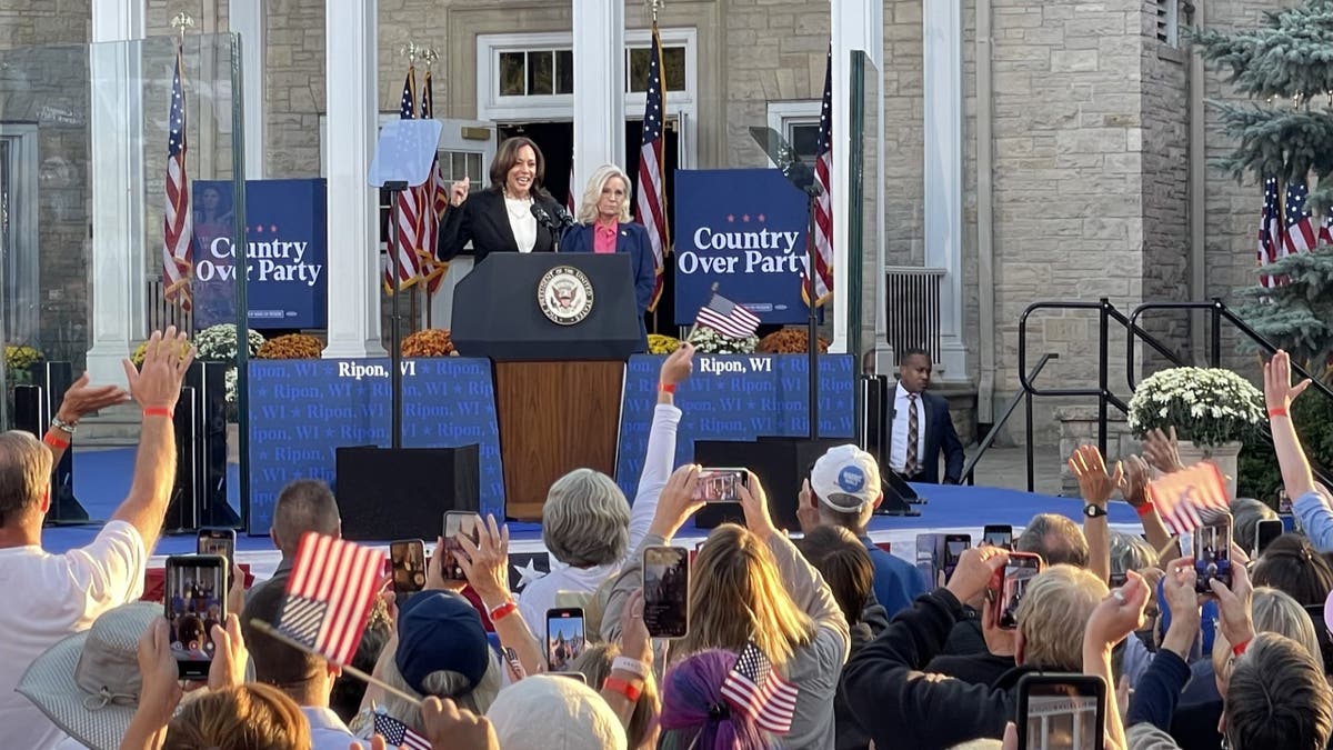 Vice President Kamala Harris, the Democratic presidential nominee, campaigns with former GOP Rep. Liz Cheney in Ripon, Wisconsin, the birthplace of the GOP, at an event on Oct. 3, 2024