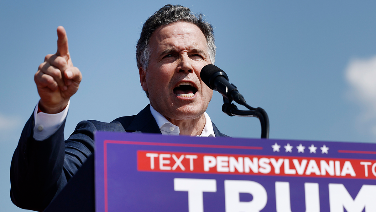 Dave McCormick closeup shot speaking at Trump rally