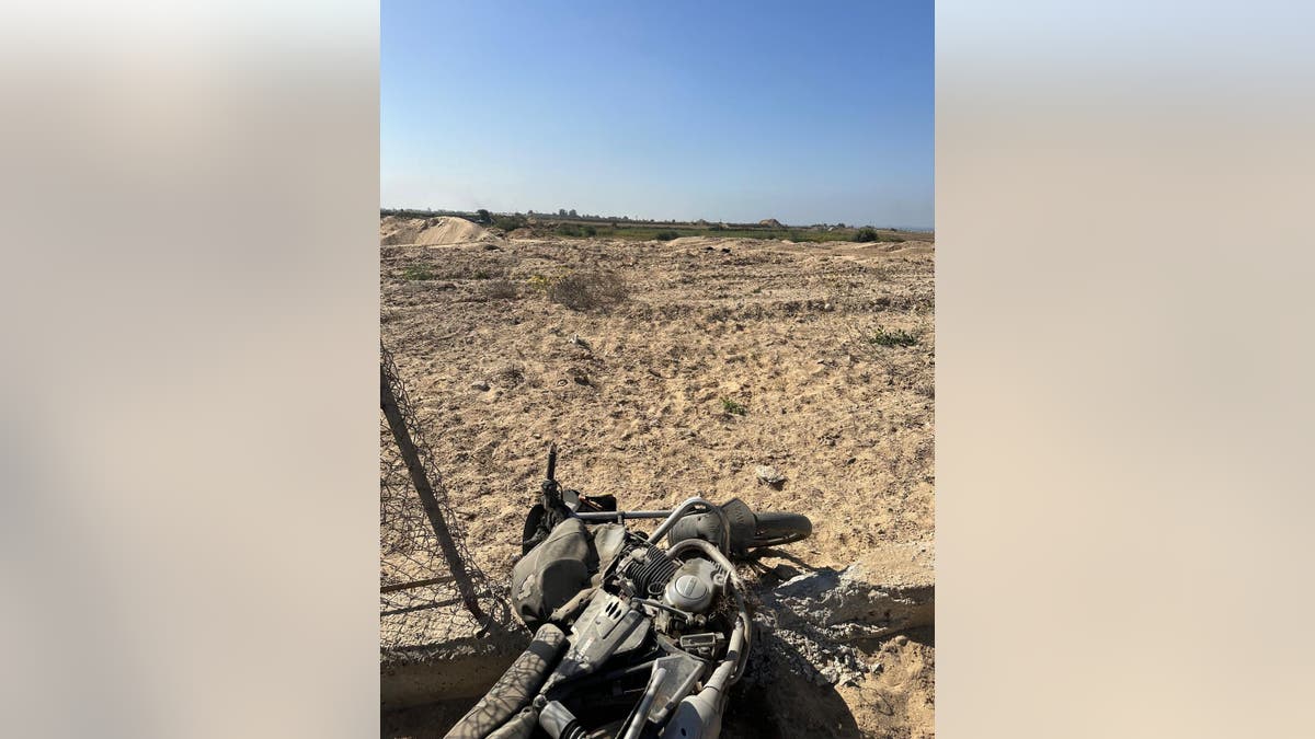 The res of a motorbike of a terrorist who tried to invade Kibbutz Nir-AM. The terrorist was shot dead by the Kibbutz's rapid-response team. 