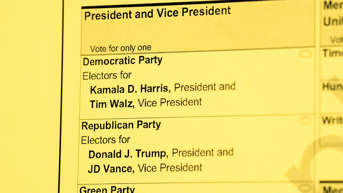 Section of a sample ballot listing the Republican and Democratic presidential and vice presidential candidates