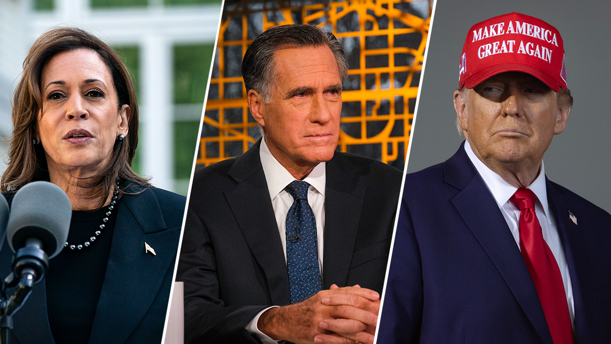 Harris, Romney, and Trump 3-way pic split