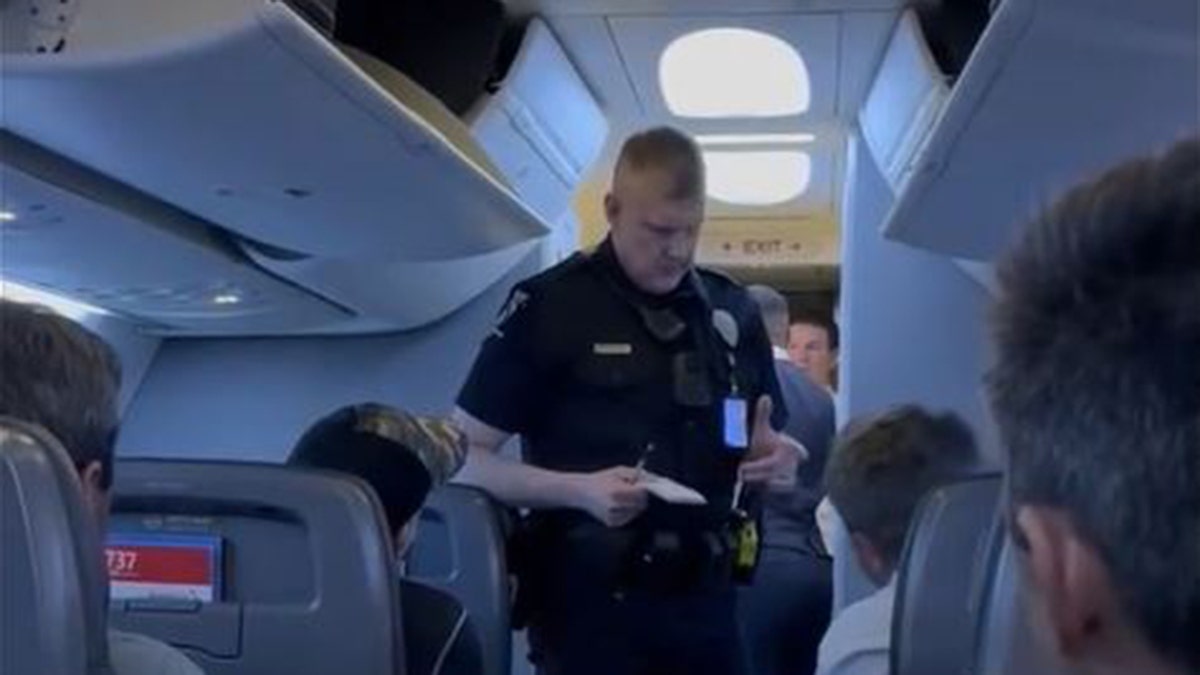 Police officer taking notes on plane