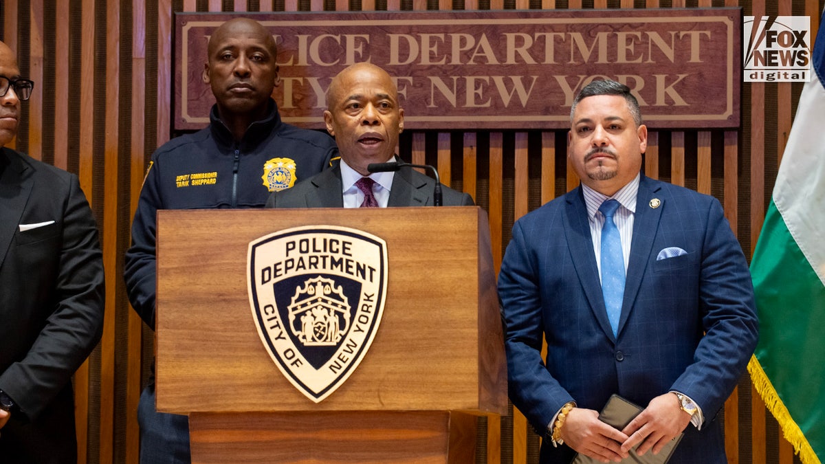 Mayor Eric Adams speaks to the media from the NYPD Headquarters