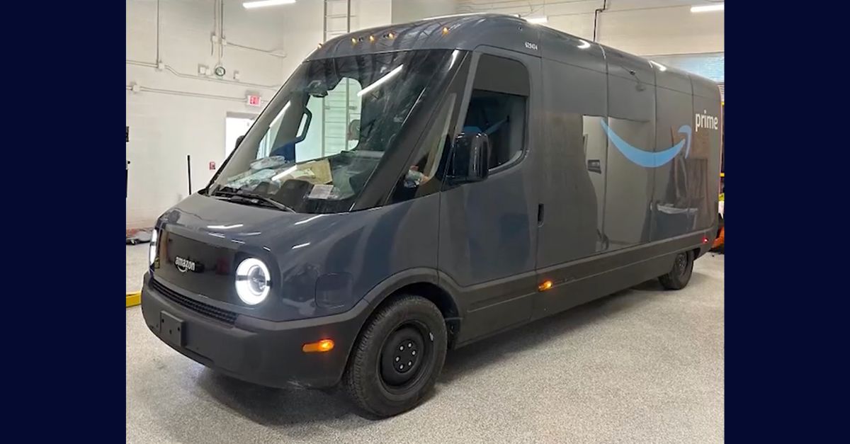 A Rivian Delivery used by Amazon to deliver packages.