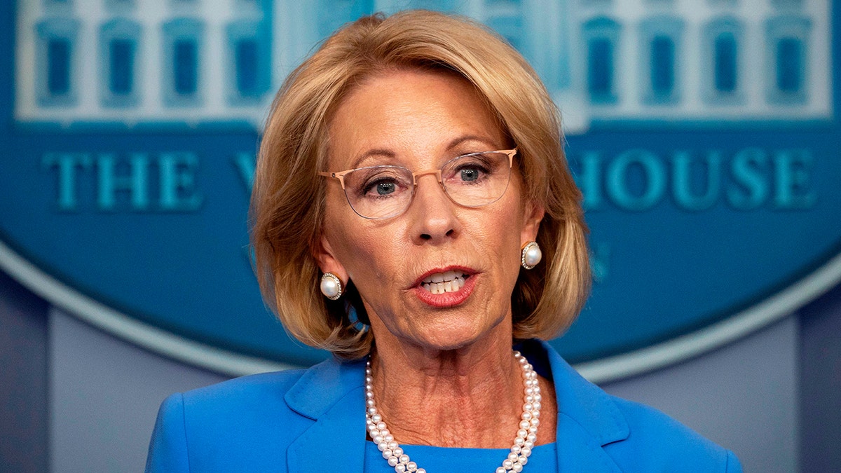 Then-Secretary of Education Betsy DeVos speaks during the daily briefing on COVID-19 in the Brady Briefing Room at the White House on March 27, 2020 in Washington, D.C.