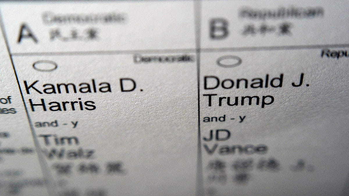 Harris and Trump shown on an election ballot