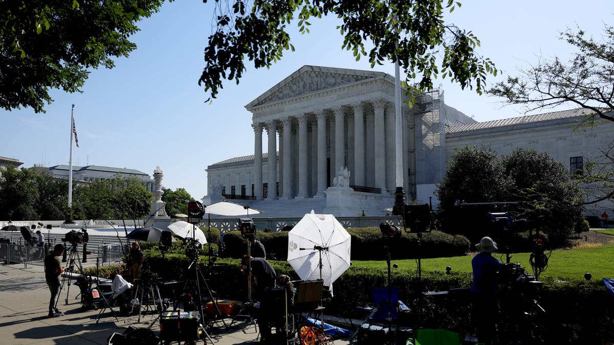 Supreme Court front with reporters staked out outside