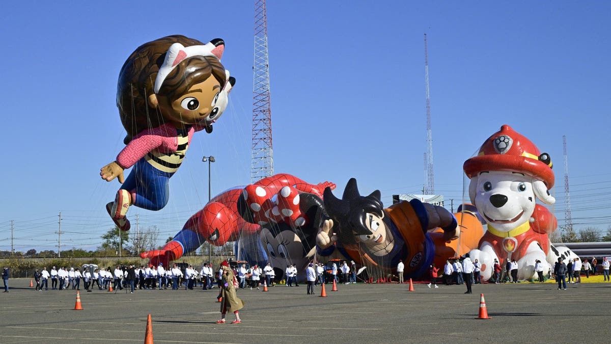 Crews inflate the massive Macys Thanksgiving Day Parade balloons for a preview showing