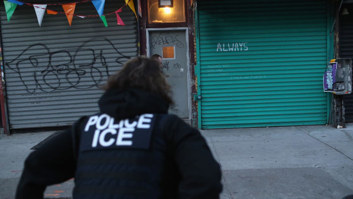 ICE officer seen from behind wearing POLICE ICE jacket