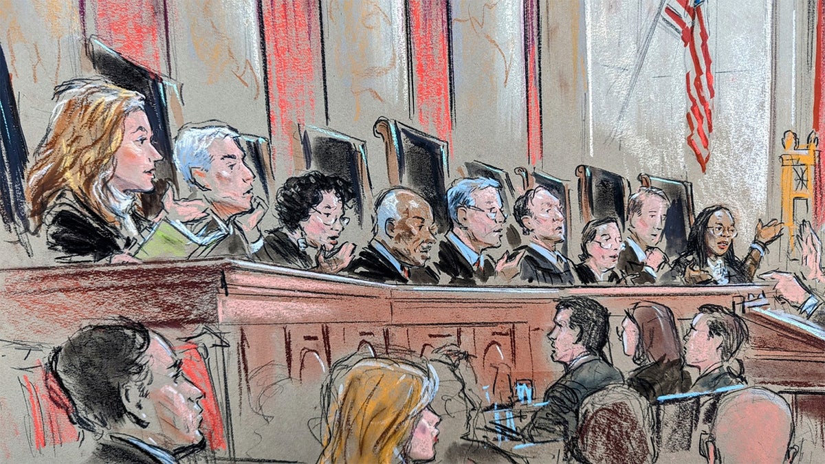 A court sketch depicts the United States Supreme Court hearing oral arguments regarding abortion rights