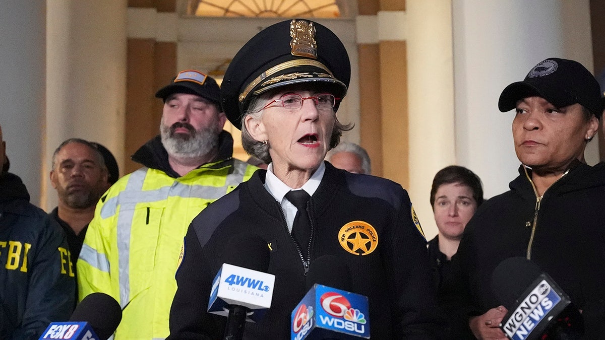 New Orleans police superintendent Anne Kirkpatrick talks to reporters