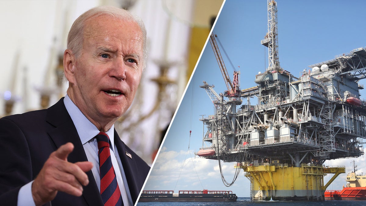 Biden, left; oil platform at right