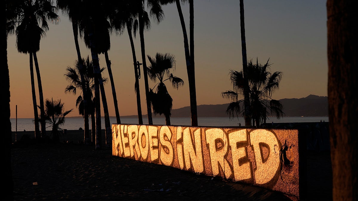 A mural by Sergei Statsenko thanks firefighters in the Venice Beach area of Los Angeles