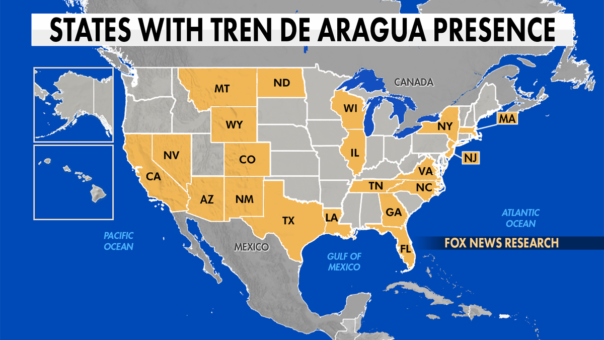 Map of Tren de Aragua presence in the United States as of December 2024.