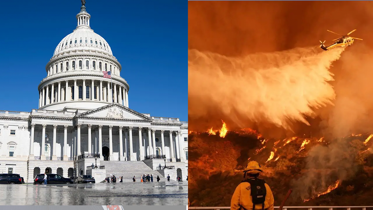 Split image showing the U.S. Capitol in a split with LA wildfires