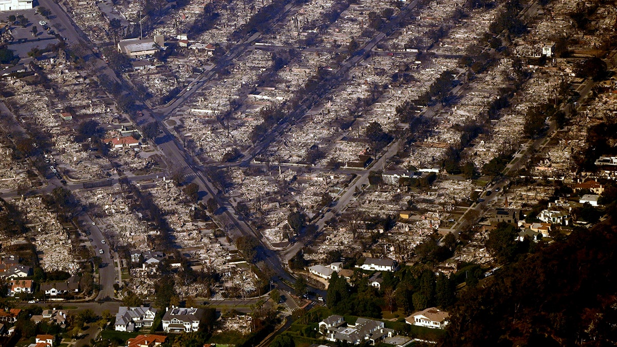 Aerial view of damage from Palisades Fire