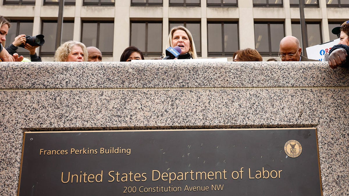 Labor unions protest DOGE outside the Department of Labor in Washington, D.C.