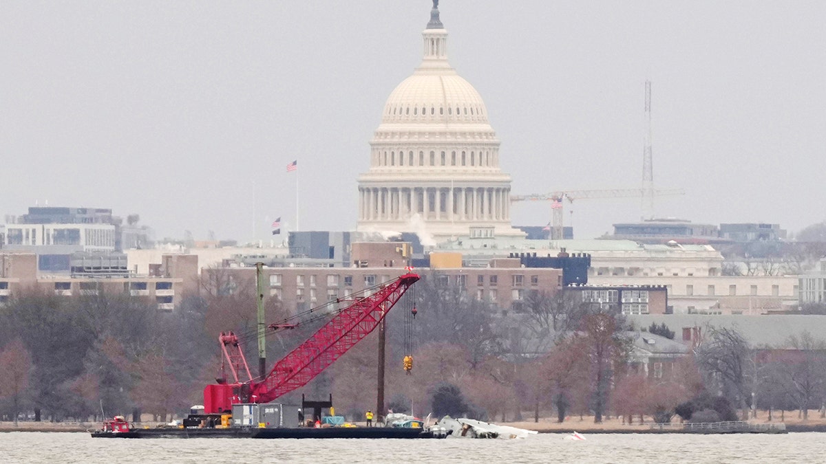 crane sits in the Potomac river