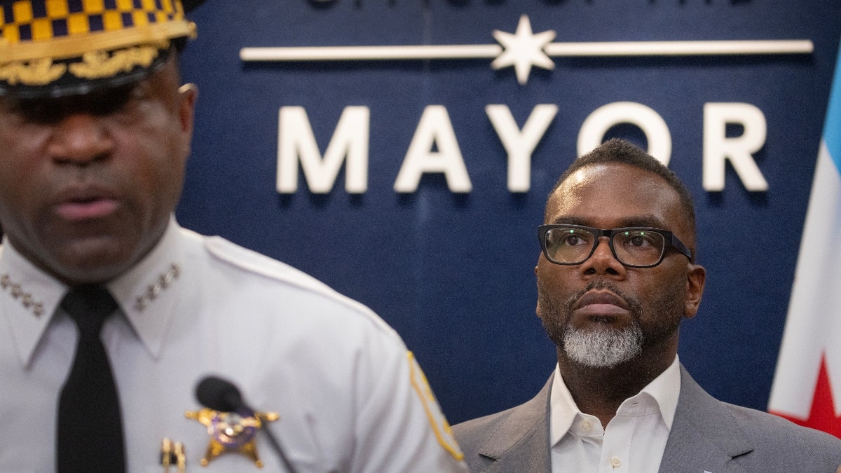 Flanked by city officials, Chicago Mayor Brandon Johnson holds a press conference after he was asked, along with other mayors, to appear before congress to discuss the city's sanctuary city program on January 28, 2025 in Chicago, Illinois. 