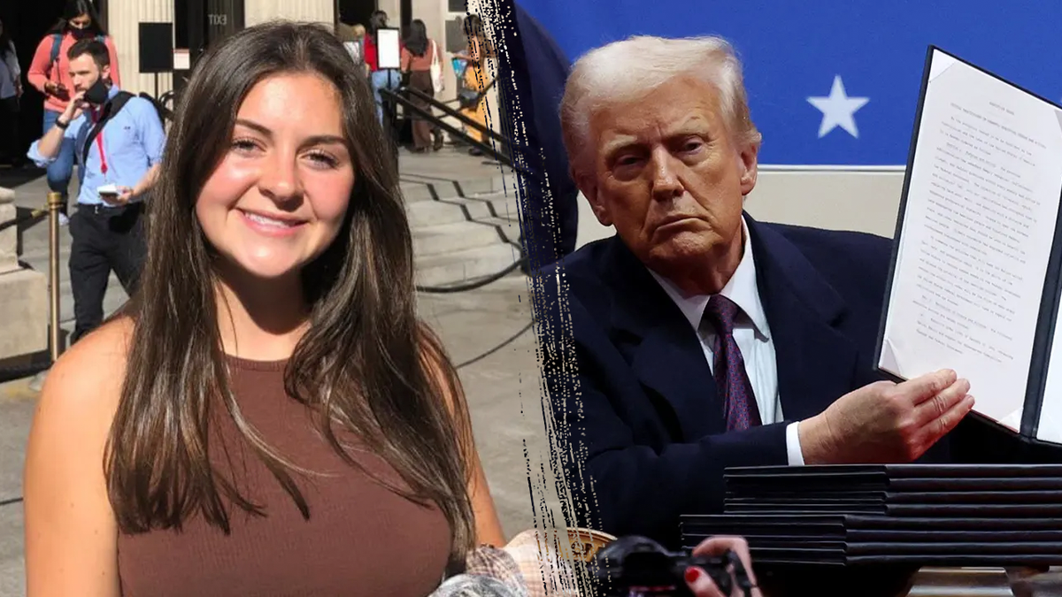 Laken Riley, left, and President Donald Trump