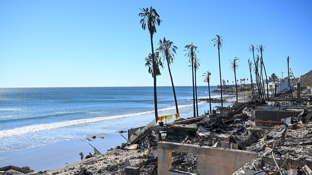 A view of debris of houses at Malibu Beach during 'Palisades Fire' in Los Angeles