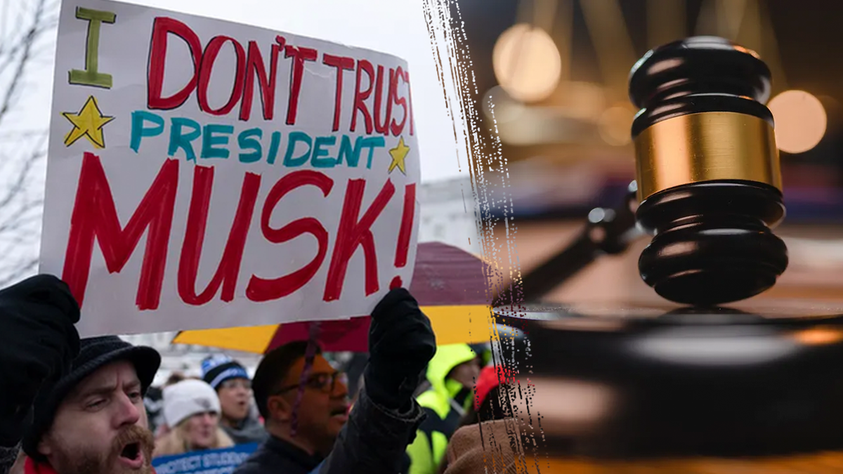 A gavel is seen next to a photo of protesters massing against Elon Musk's role in the White House, one of many similar protests in Waington, D.C. Photos via Getty Images/iStock