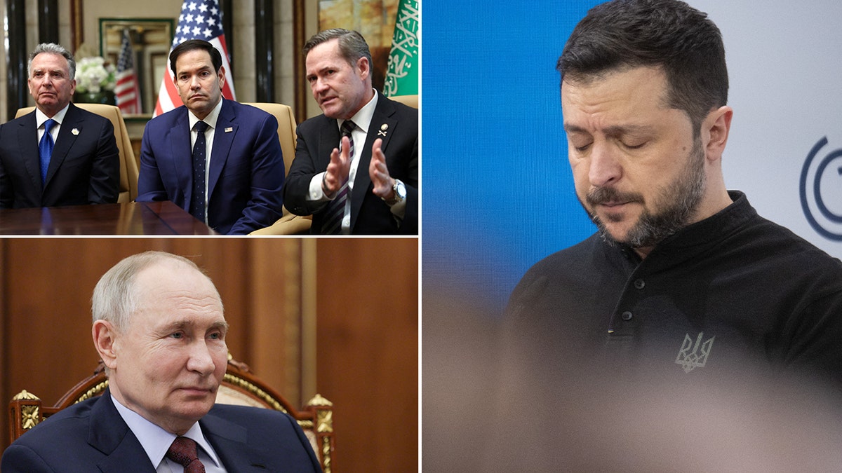 photo montage of SecState Rubio, upper left, Putin lower left, and Volodymyr Zelenskyy, right 