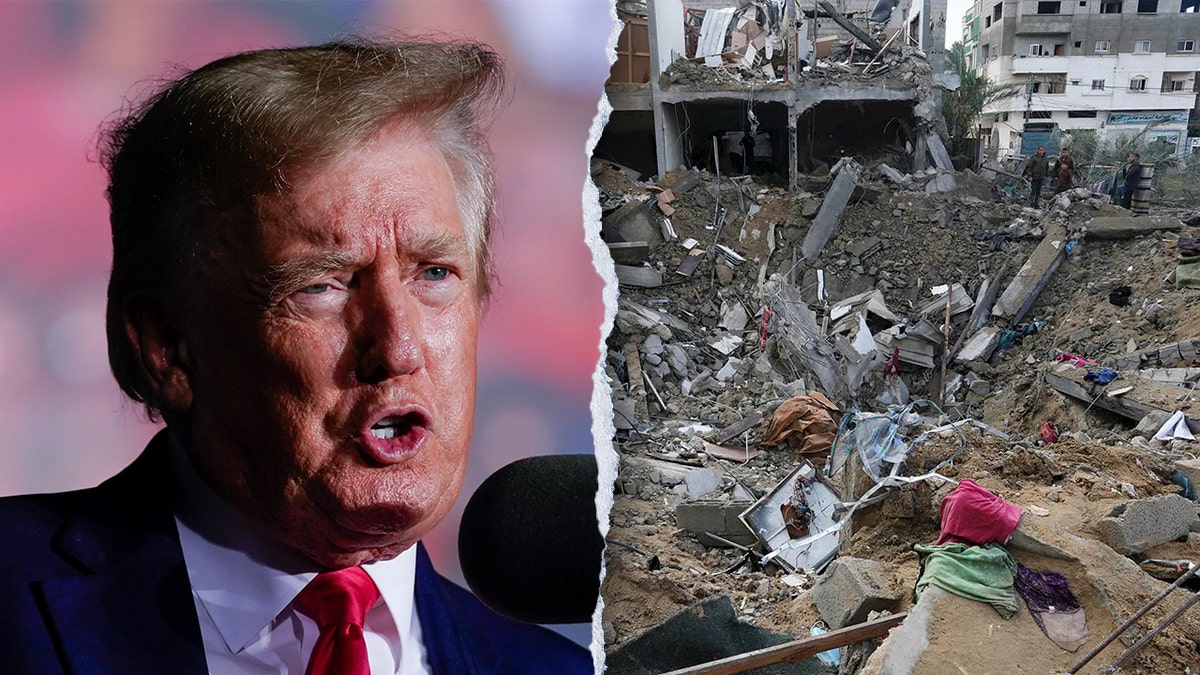 Donald Trump looks to the right next to a photo of rubble in Gaza.