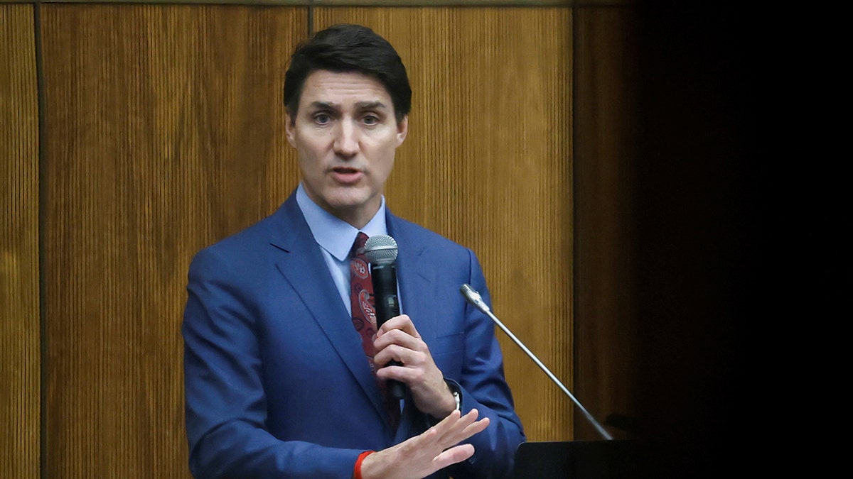 Canada's Prime Minister Justin Trudeau addresses the Liberal party caucus meeting in Ottawa