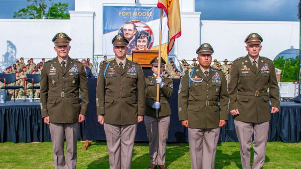 Soldiers at a ceremony for the renaming of Fort Benning to Fort Moore.